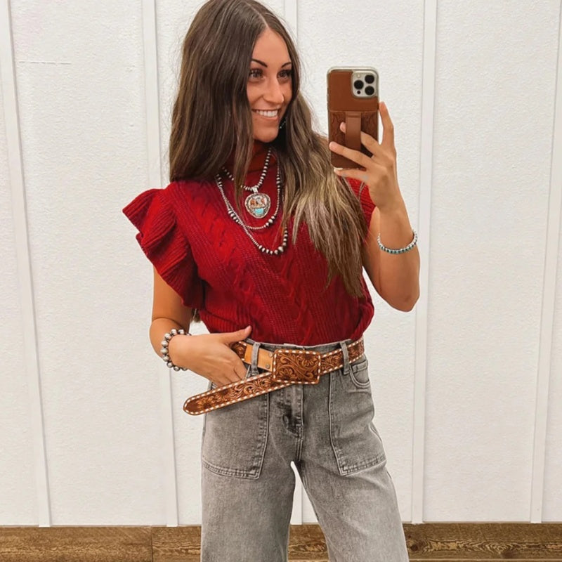 Womens Knitted Turtleneck Ruffle-Trimmed Short-Sleeve Sweater