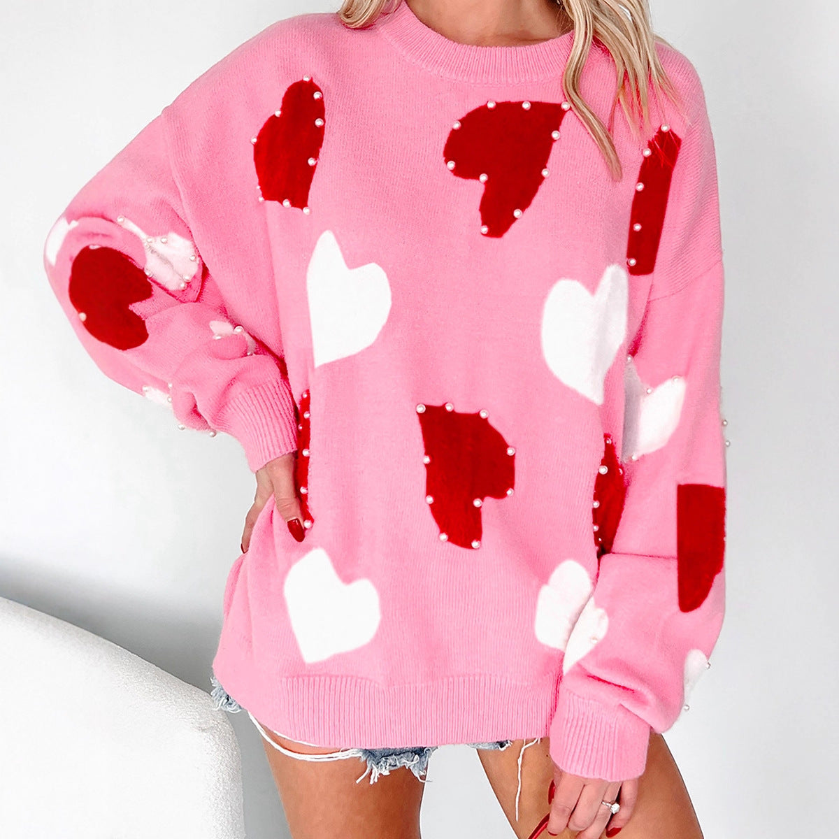 Women's Fashionable And Versatile Heart-Print Crew-Neck Knitted Top