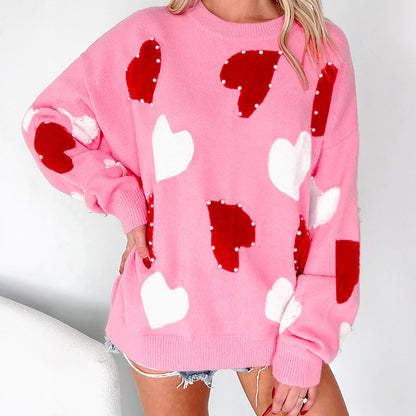 Women's Fashionable And Versatile Heart-Print Crew-Neck Knitted Top