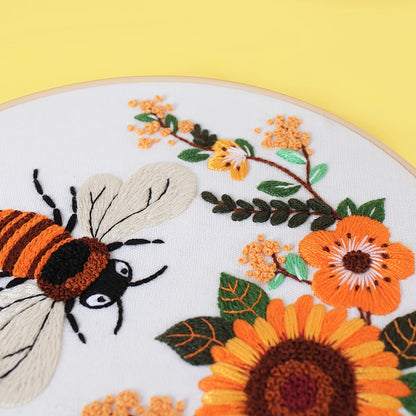 5set Embroidery Kit, Honeybee And Flowers, Include 1 Embroidery Hoop 7.9 Inch