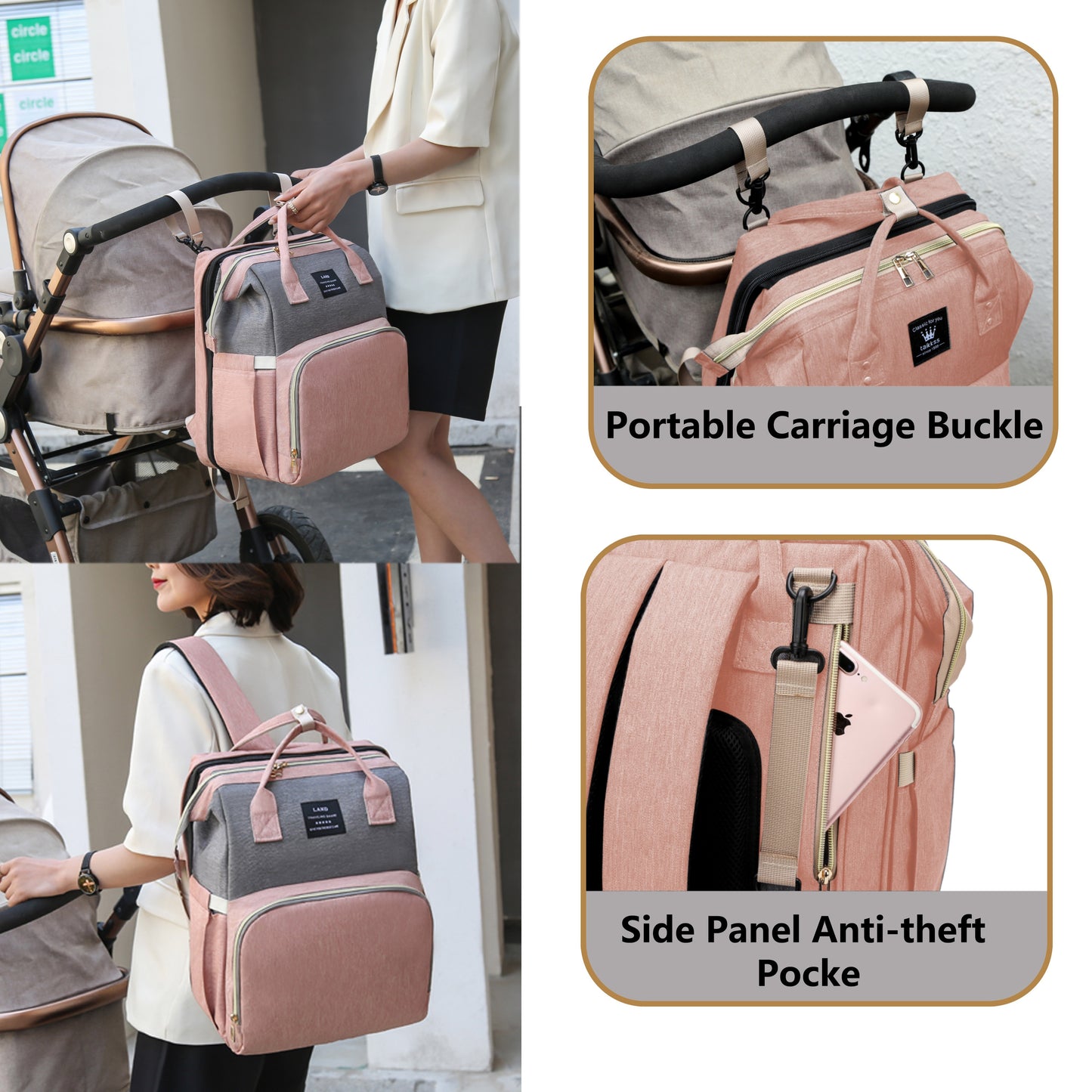 Moire Diaper Bag Backpack, Soft Shell, Multifunctional, Large Capacity, Travel Backpack with Changing Station, Sunshade, Breathable Mosquito Net, Zipper Closure, Mixed Color, Polyester Fiber, with Utility Pocket, for