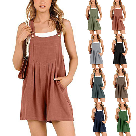 Women's Cotton Linen Short Overalls - Adjustable Strap Summer Jumpsuit Romper