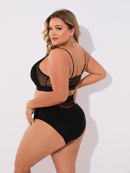 Plus Size Casual Bikini Set, Women's Plus Solid Contrast Fishnet Hollow Out High Stretch Crop Tank Top & Underwear Swimsuit Two Piece Set