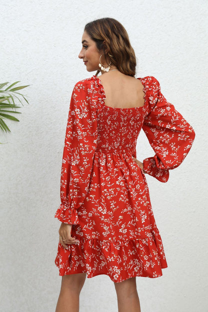 Spring And Summer Floral Long Sleeve Mid-length Dress