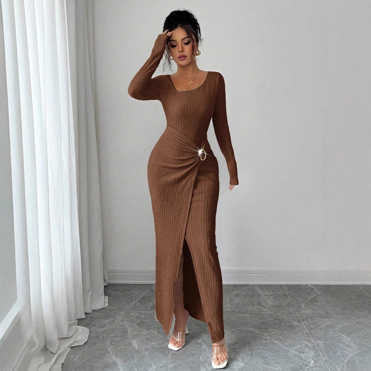 Autumn And Winter Irregular Neckline Solid Color Knitted Texture Long Dress For Women