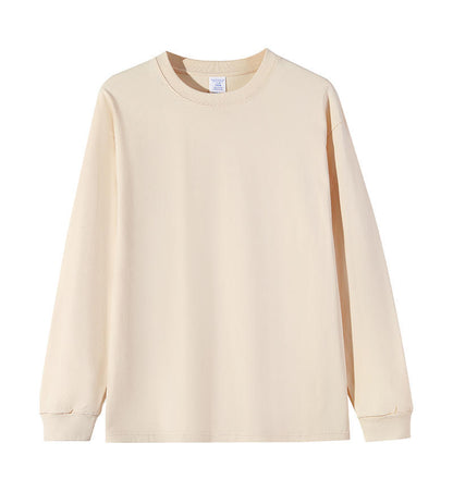 Solid-color Heavyweight Pure Cotton Crew-neck Long-sleeve T-shirt For Women