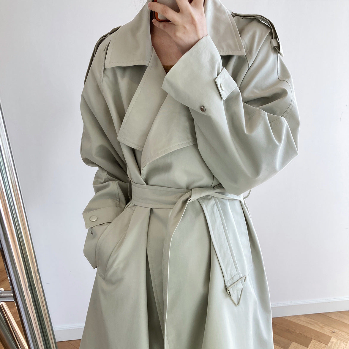 Temperament British Mid Length Over The Knee Windbreaker Women Loose Korean Style Jacket