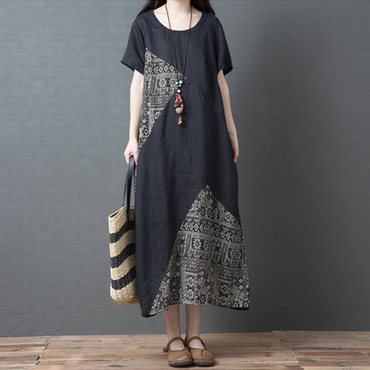Patchwork Printed Cotton And Linen Crew-neck Short-sleeve Dress
