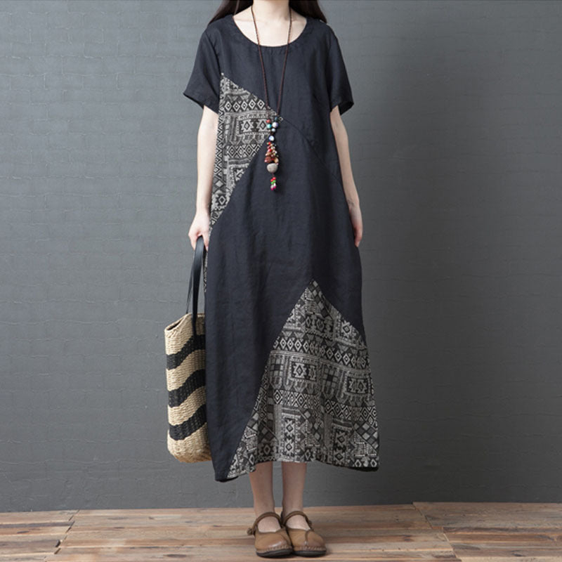 Patchwork Printed Cotton And Linen Crew-neck Short-sleeve Dress