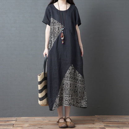 Patchwork Printed Cotton And Linen Crew-neck Short-sleeve Dress