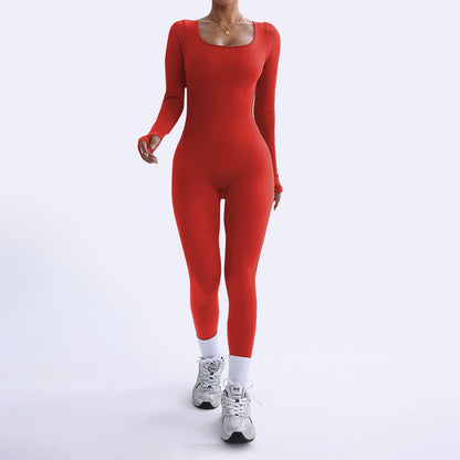 Threaded Square Collar Buttocks Slim Jumpsuit