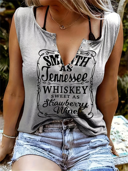 Smooth As Tennessee Whiskey Sweet As Strawberry Wine Women's Tank Top - Soft Pink Sleeveless V-Neck Casual Shirt with Bold Letter Print, Thick Strap Country Music Style, Machine Washable All-Season Wear, Festive Concert Attir