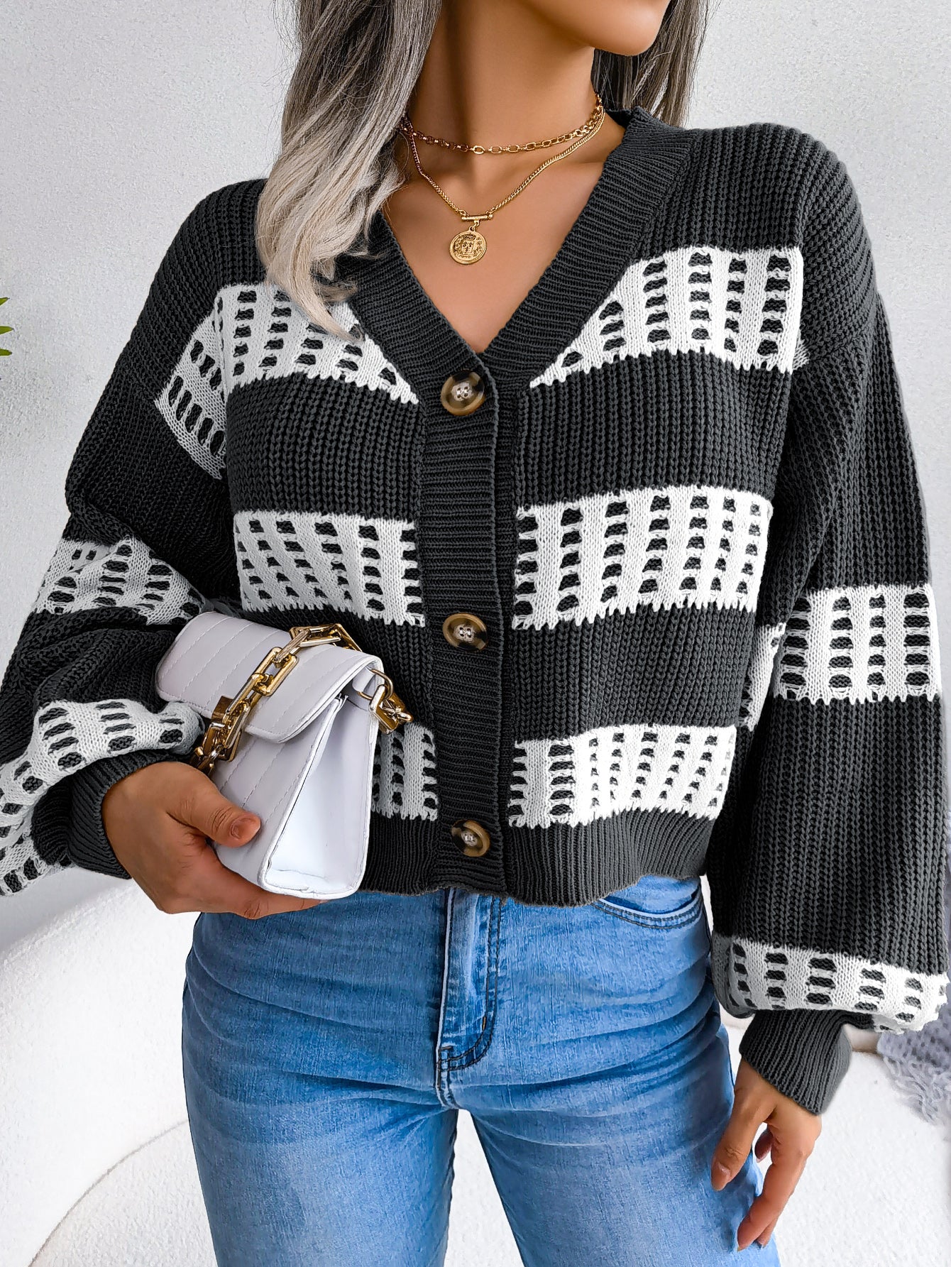 Women Designer Color Block Lantern Sleeve Cardigan Sweater Coat