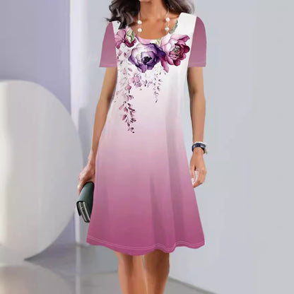 Spring And Summer Print Short Sleeve Round Neck Mid-length Dress