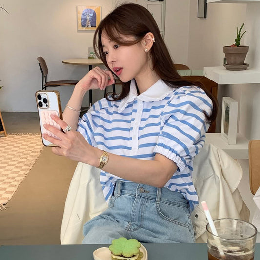 Youthful And Elegant POLO-collar Design Loose-fitting Versatile Short-sleeve Striped T-shirt