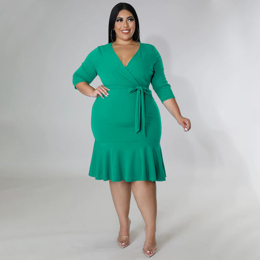 Sexy V-Neck Lace-Up Bodycon Dress With Ruffled Hem Plus-Size Women's Wear