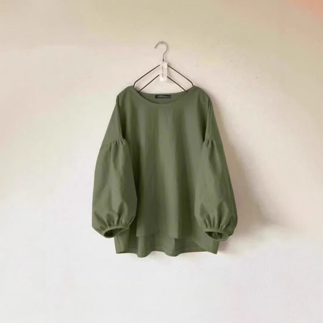 Women's Loose-fit Vintage Crew-neck Shirt With Puff Sleeves