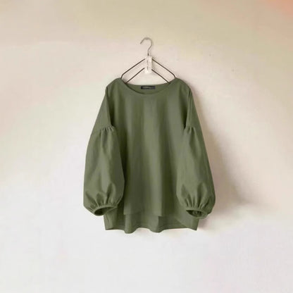 Women's Loose-fit Vintage Crew-neck Shirt With Puff Sleeves
