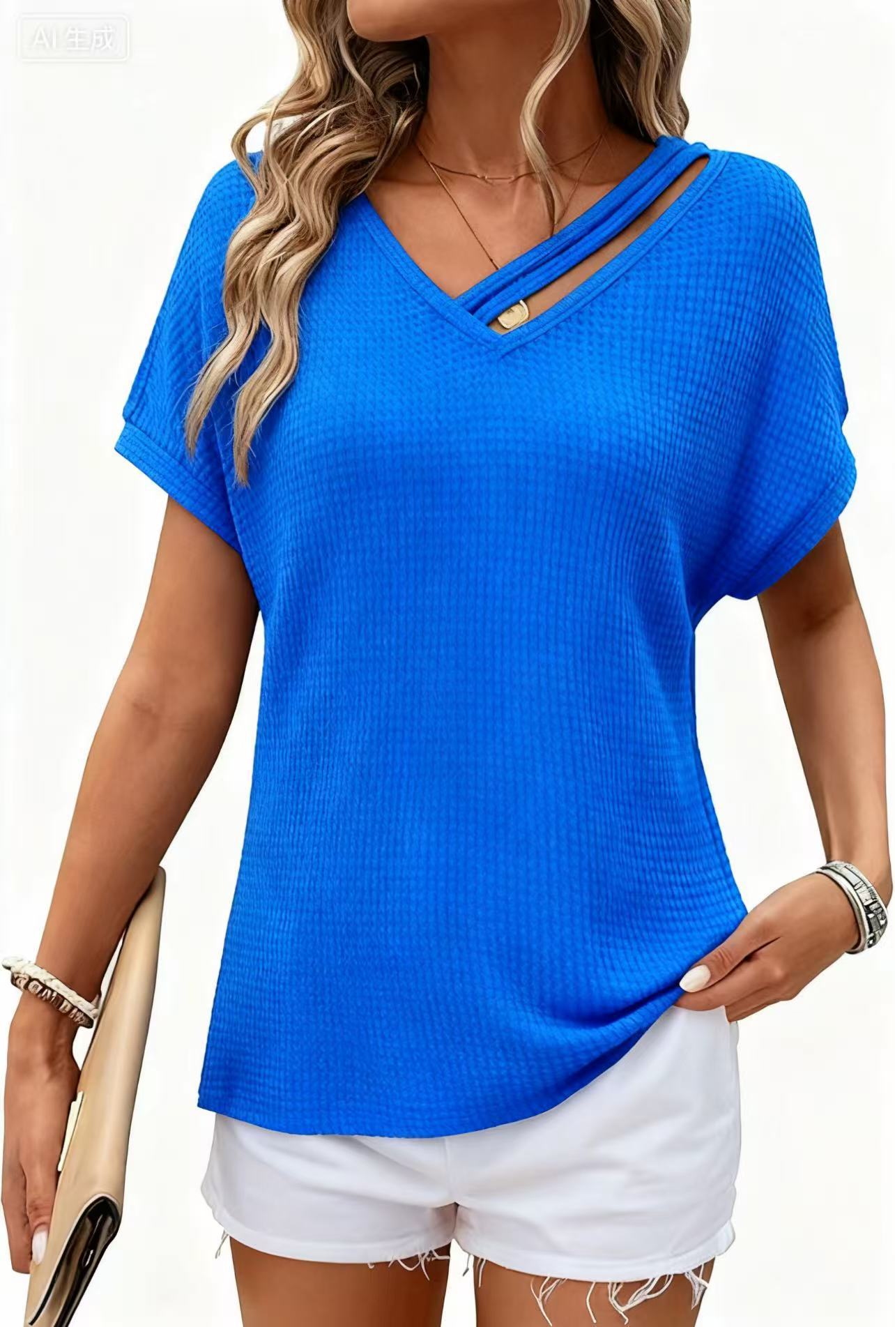 Waffle-knit Short-sleeve V-neck Women's Fashion Casual