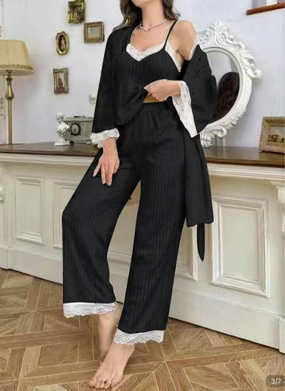 Women's Lace Trimmed Camisole Jacket And Cherry Print Trousers Three Piece Set