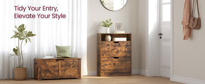 VASAGLE Shoe Cabinet 2 Flip Doors, 3 Tier Shoe Rack, with Open Compartment, Adjustable Removable Divider, for Narrow Entrance