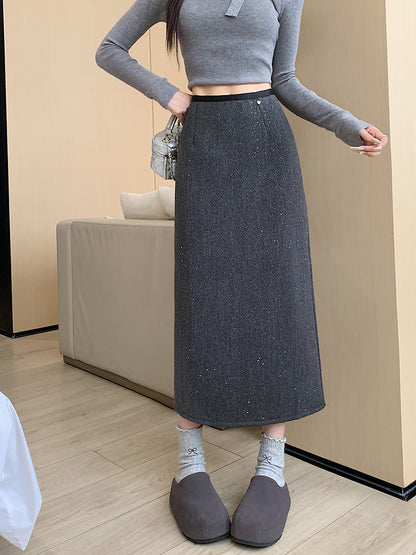 Sequined Thickened Wool High Waisted A Line Bodycon Skirt