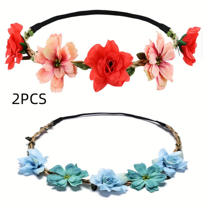 Adjustable Floral Garland Headband for Women & Girls - Multicolor Artificial Flower Crown with Soft Pastel Shades, Black Elastic Band & Golden Accents for Weddings, Festivals, Parties, Special Occasion Wear, Elegant Headpiece