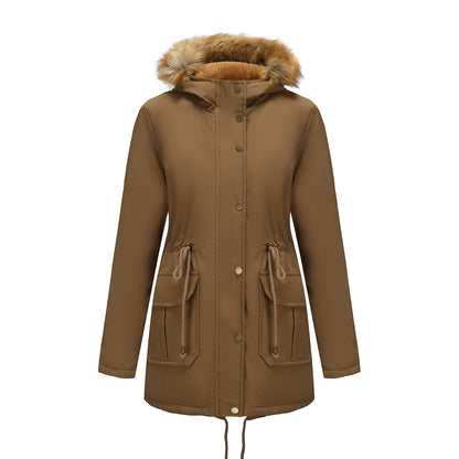 Hooded Women's Mid-length Padded Coat With Fur Collar And Defined Waist