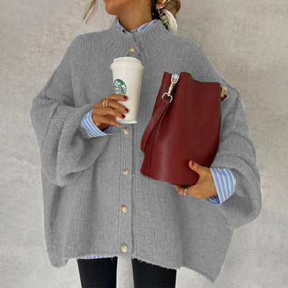 Autumn Winter Solid-Color Casual Knitted Cardigan With Buttons And Oversized Sleeves