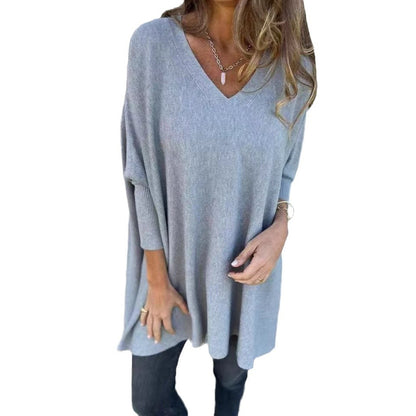 New Autumnwinter Women's Long-sleeve Knitted V-neck Loose-fitting Long Top
