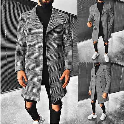 Plaid Double Breasted Lapel Coat Mid Length Coat