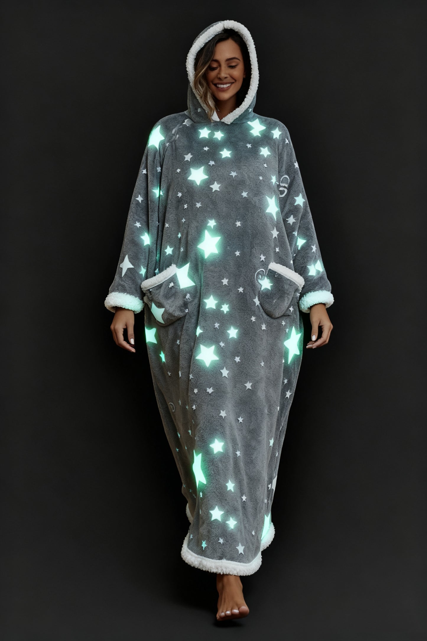 Oversized Wearable Hooded Blanket With Print Glow In The Dark Long Size Sherpa Warm Sweatshirt For Women