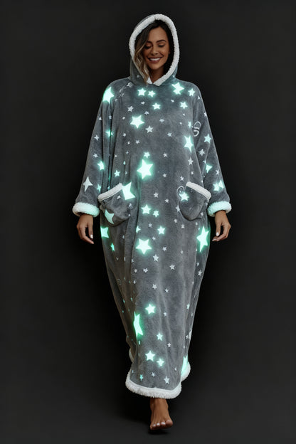 Oversized Wearable Hooded Blanket With Print Glow In The Dark Long Size Sherpa Warm Sweatshirt For Women