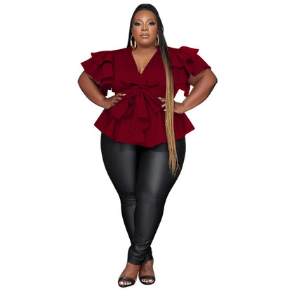 Women's Casual All-Match V-Neck Ruffle-Sleeve Pleated Blouse Top