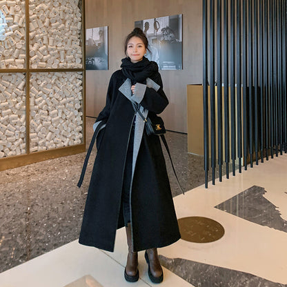 New Loose Mid-length Contrast Stitching Woolen Coat
