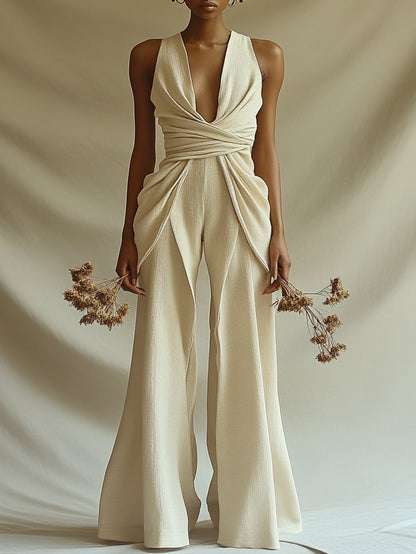 Apricot V-neck Sleeveless Pleated Jumpsuit