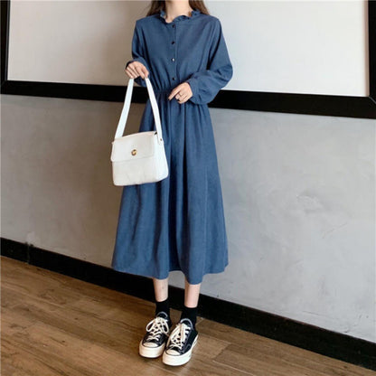 Retro Aloofness Style Mid-length Waist Fungus Long Sleeve Dress