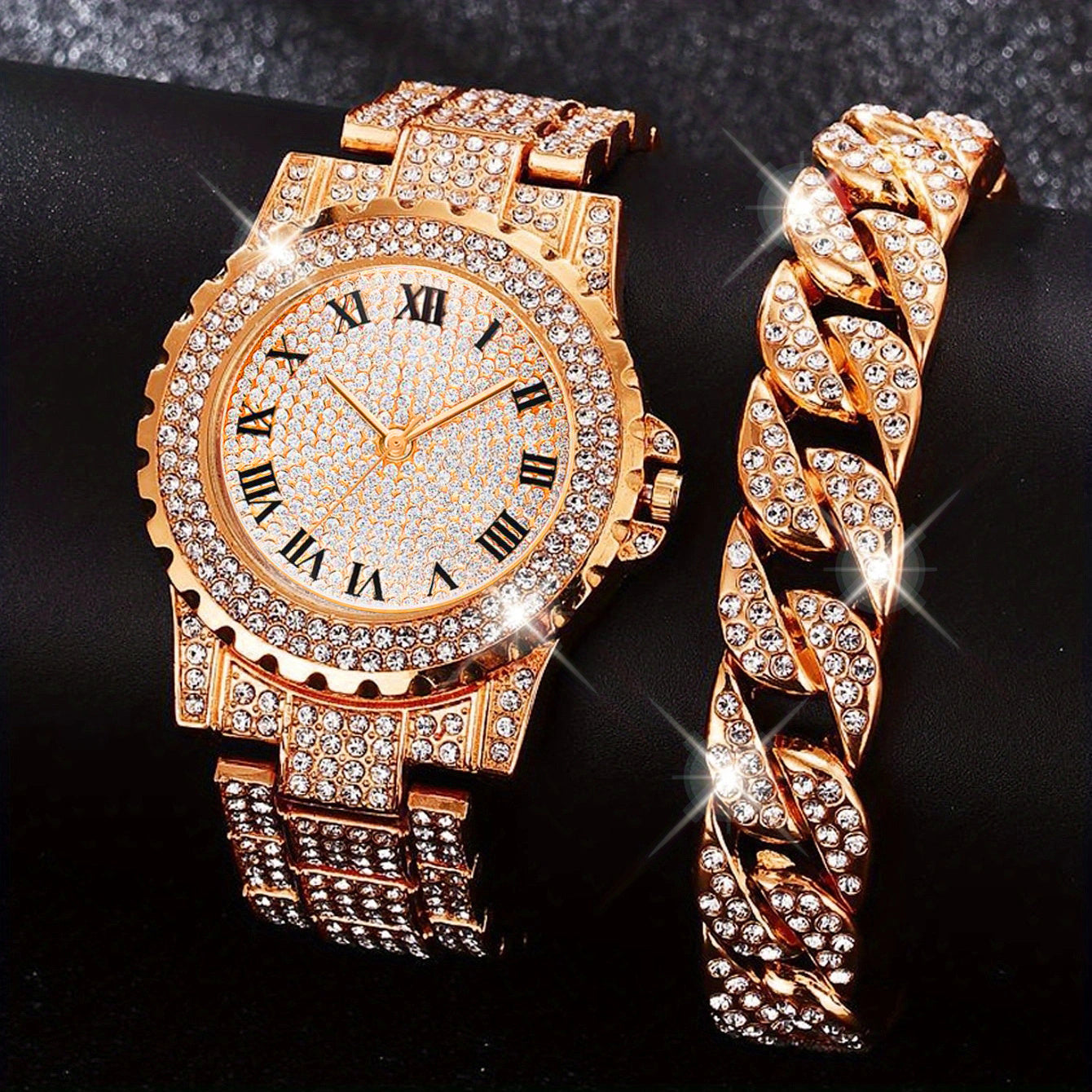 1pc Rhinestone Decor Quartz Watch Luxury Hiphop Analog Wristwatch & 1pc Bracelet, Gift For Xmas Valentine's Day