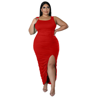 New Solid-color Sleeveless Slim-fit Pleated Dress