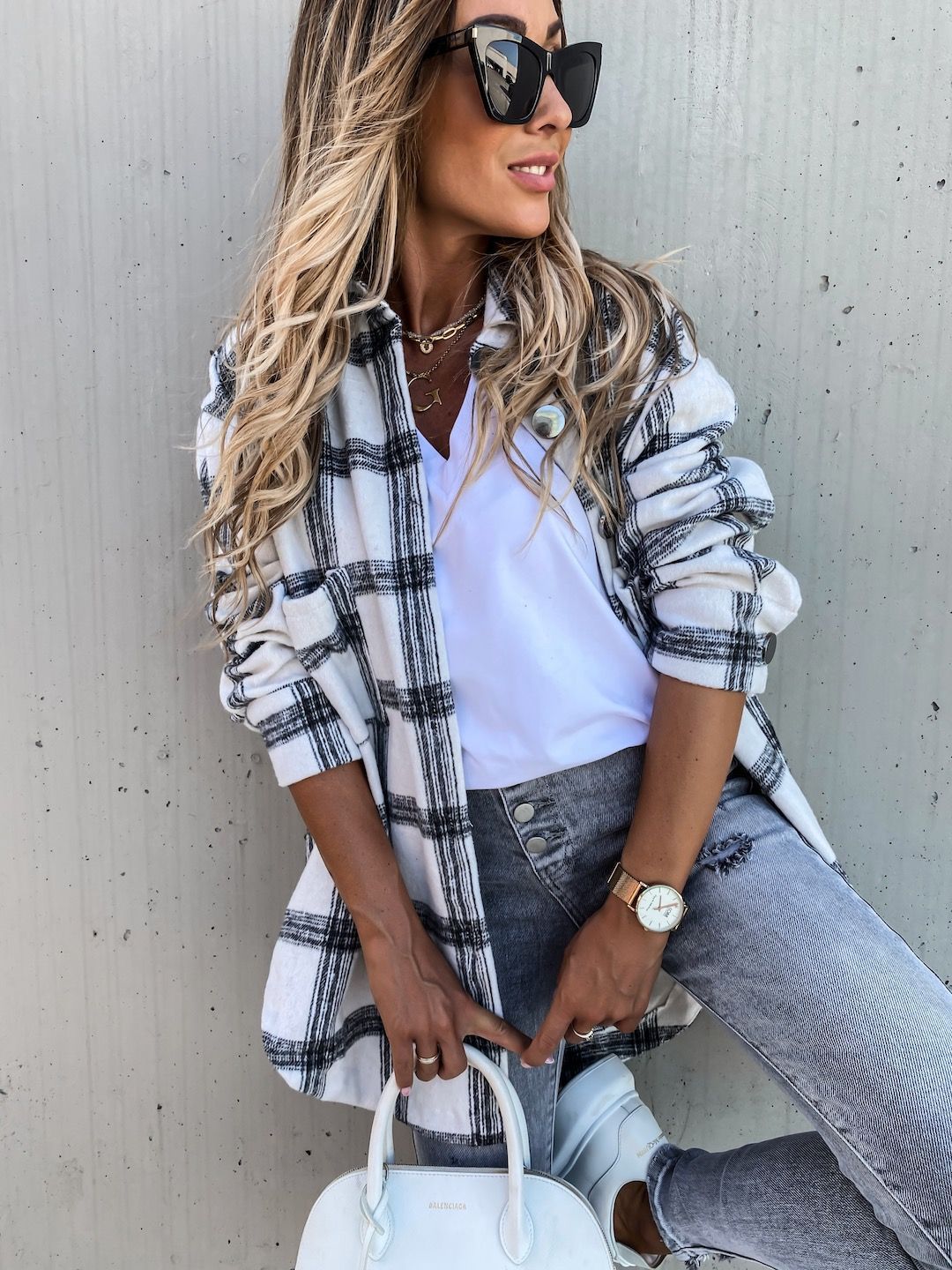 Long Sleeve Plaid Shirt Mid-length Coat