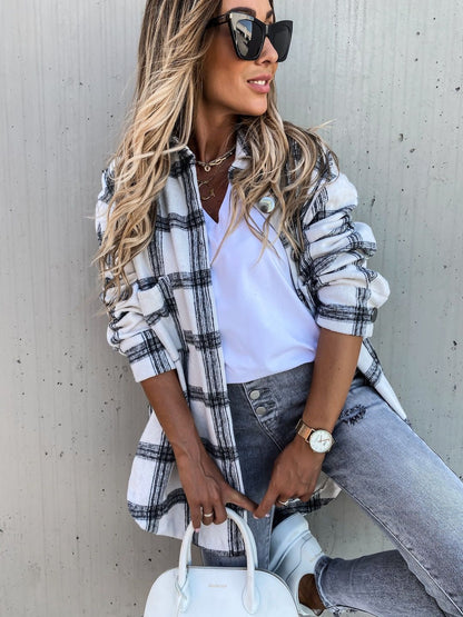 Long Sleeve Plaid Shirt Mid-length Coat