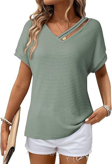 Waffle-knit Short-sleeve V-neck Women's Fashion Casual