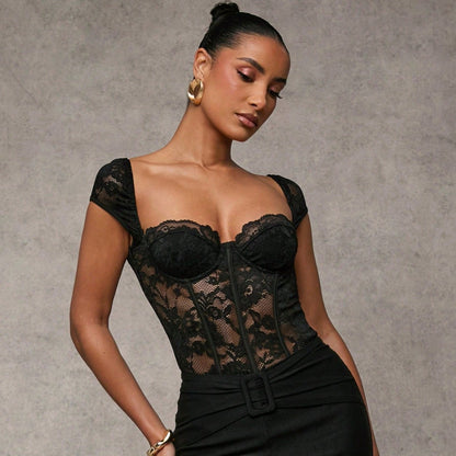 Sexy Short-sleeved Black Square-neck Bodysuit Sheer