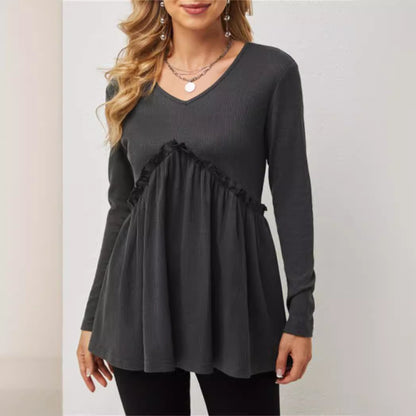 Loose-fit Ruffled Pleated V-neck T-shirt For Women
