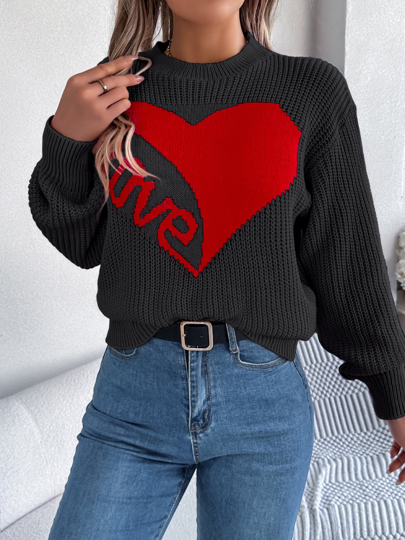 Women Casual Color Block Heart LOVE Long Sleeve Pullover Sweater