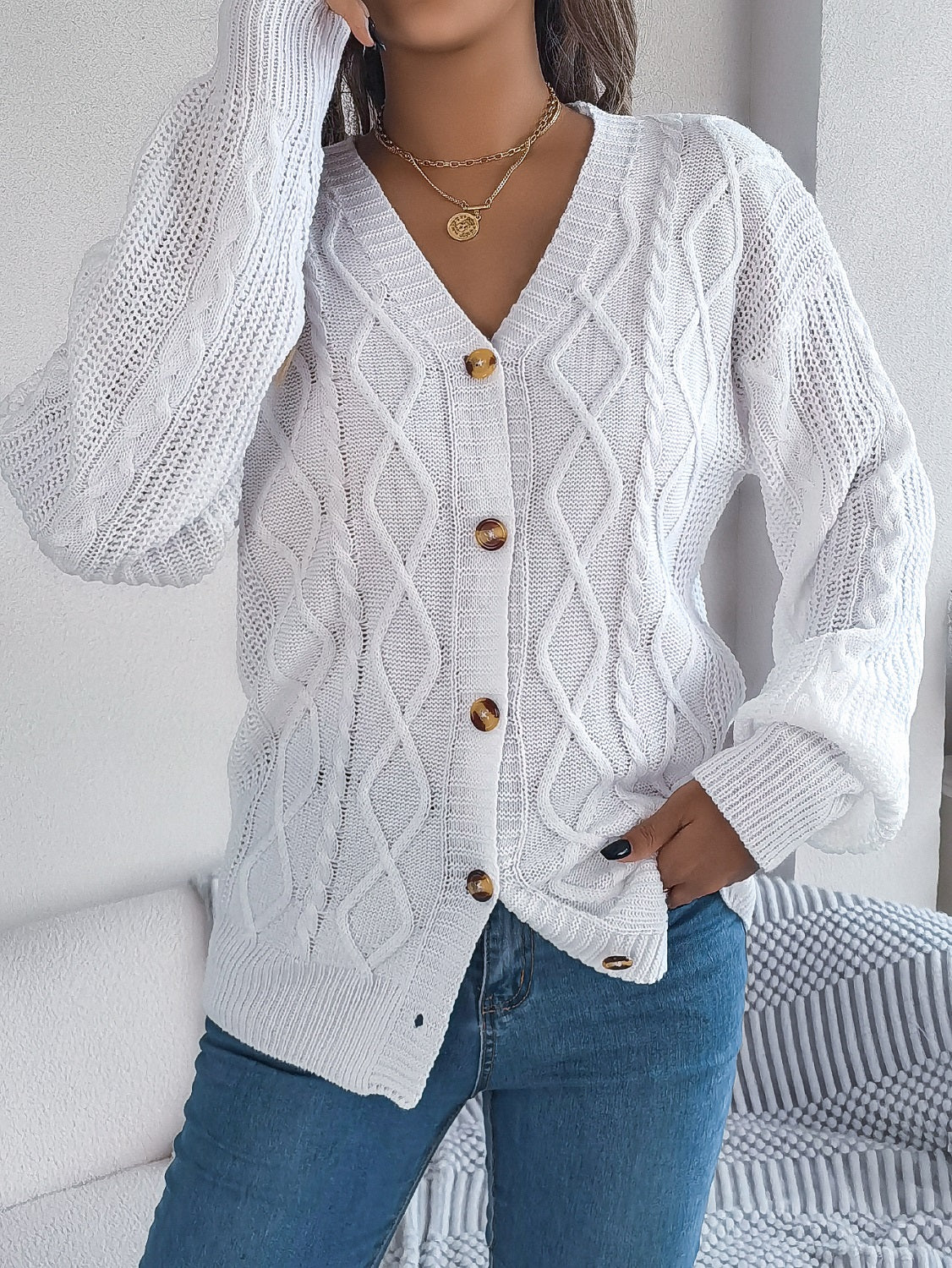 Women Casual V-Neck Lantern Sleeve Cable Knit Button Cardigan Sweater