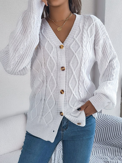 Women Casual V-Neck Lantern Sleeve Cable Knit Button Cardigan Sweater