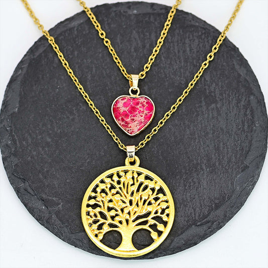 2-layer Red Heart Emperor Stone Life Tree Pendant Necklace