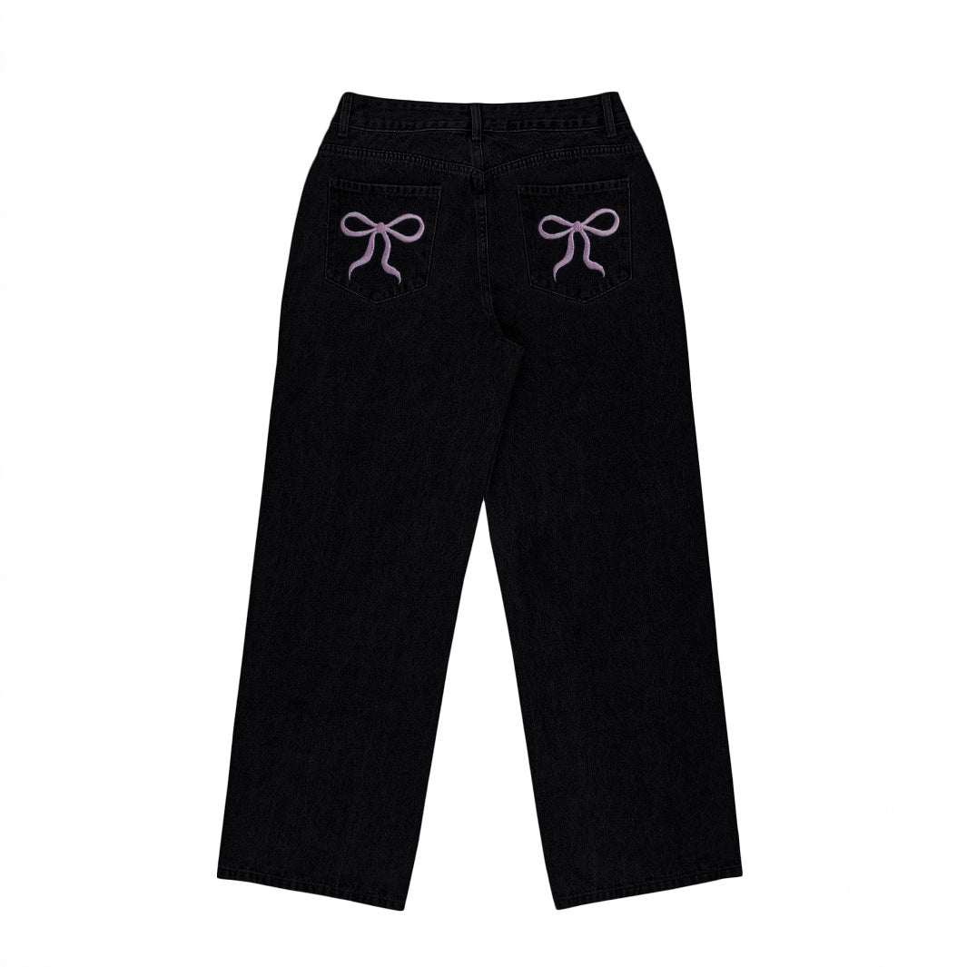Bow-knot Embroidered Trendy Loose-fit Casual Jeans