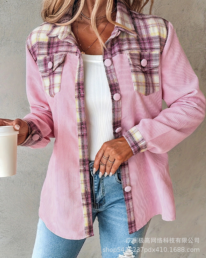 Women's Long-sleeved Plaid Contrast Color Coat